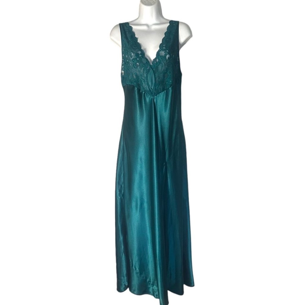 Gold Label Victoria's Secret Satin Teal Chemise with Lace & Slit - Size L - Picture 6 of 10